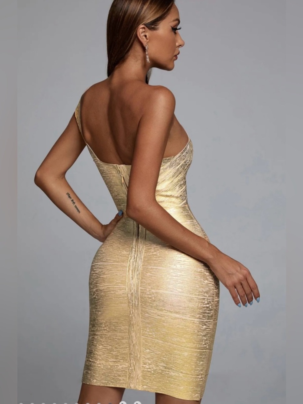 BELLA BARNETT Lika Metallic Gold Mini Cocktail One Shoulder Bandage size S NWT - Picture 2 of 5